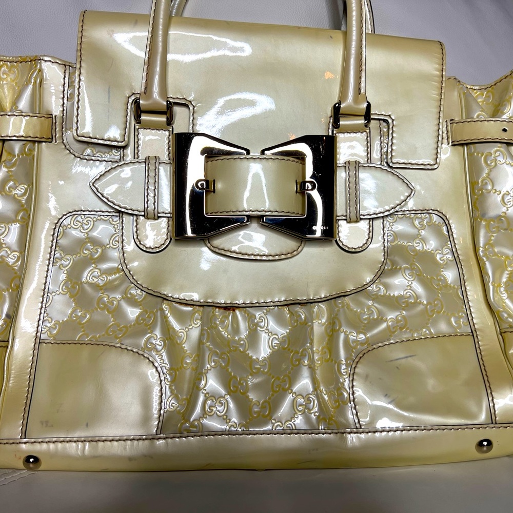 Authentic Large Gucci Guccissima Queen Mayfair Bow Patent Leather Top Handle Bag